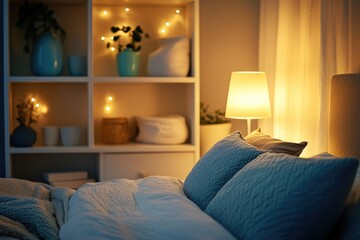 Poster - A cozy bedroom scene with a bed, pillows, and a lamp