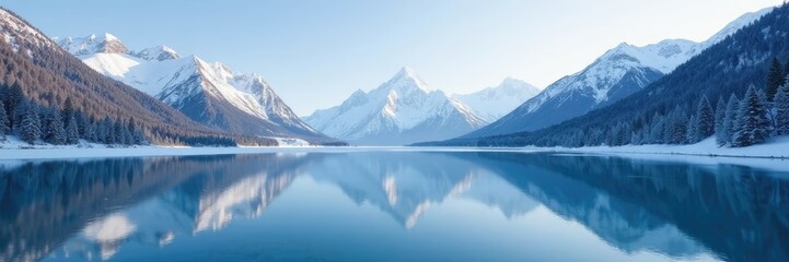  serene lake surface reflected snow-capped mountains, frozen, serene, stillness