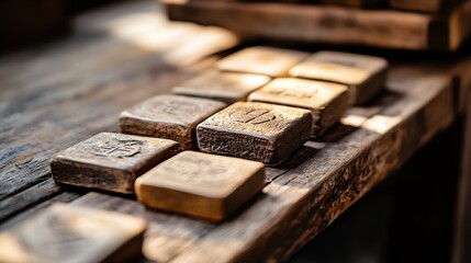 Poster - Artisan wood blocks with intricate patterns lined up on a rustic table showcasing craftsmanship and design principles : Generative AI