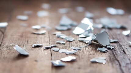 Poster - Scattered broken glass pieces on a wooden floor showing the sharp edges and glimmers of light on the shards : Generative AI