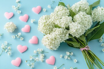 Aufkleber - A beautiful bouquet of white flowers with pink hearts on a blue background
