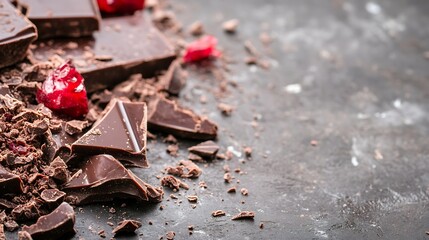 Aufkleber - Dark chocolate pieces scattered with red berries on a textured surface creating a moody atmosphere : Generative AI