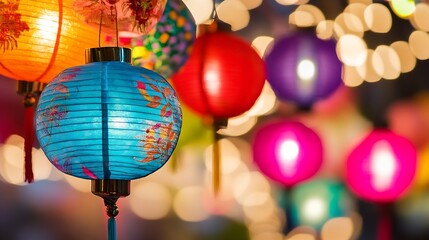 Poster - Vibrant and Colorful Paper Lanterns Brightening Up a Festive Night Market Atmosphere : Generative AI