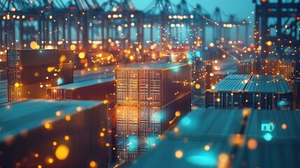 Poster - Image shows a large number of shipping containers stored in a busy port