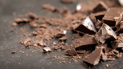 Poster - Crumbled pieces of rich dark chocolate on a dark surface showcasing the depth of flavors and textures : Generative AI