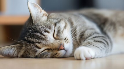 Poster - Peaceful Tabby Cat Sleeping Comfortably on a Warm Wooden Floor in Cozy Atmosphere : Generative AI