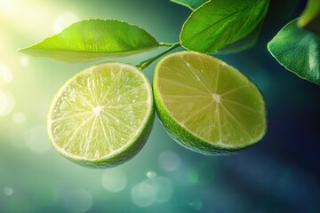 Poster - A close-up view of two lime fruits hanging from a tree branch