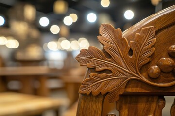 Poster - A close-up of a wooden chair with a leaf and acorns, suitable for nature-inspired or rustic-themed designs