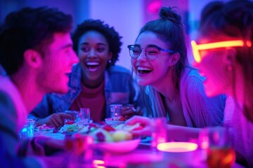 Poster - Group of friends or family gathered around a table for a meal, possibly a party or celebration