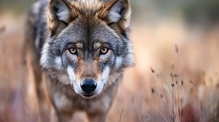 Poster - Majestic closeup of a wild wolf staring directly at the camera in its natural habitat : Generative AI