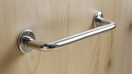 Poster - Close up of a wooden door handle, suitable for use in interior design or architecture images