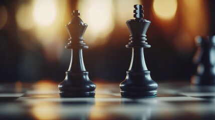Poster - Two black chess pieces on a wooden chess board