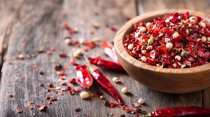 Aufkleber - Colorful mix of dried chili flakes and whole peppers in a rustic wooden bowl for spice enthusiasts : Generative AI