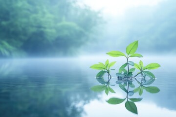 Wall Mural - A small plant grows out of the water, representing resilience and adaptability