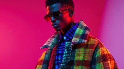 Poster - futuristic interpretation of plaid patterns in men's fashion.