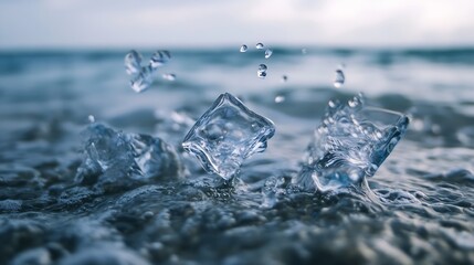 Aufkleber - Fresh Ice Cubes Splashing in Clear Ocean Water Creating a Beautiful Natural Scene : Generative AI