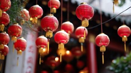Poster - Vibrant and beautiful red Chinese lanterns hanging delicately across a festive street scene : Generative AI