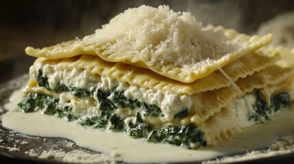 Poster - A plate of homemade lasagna with melted cheese and spinach