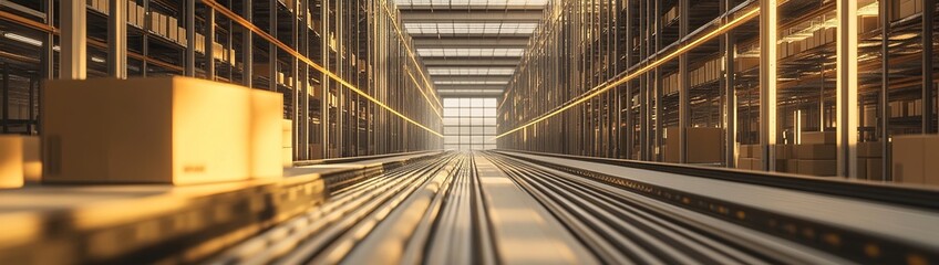 Poster - Automated Warehouse: Conveyor Belts Transporting Packages Efficiently in a Modern Distribution Center at Sunset