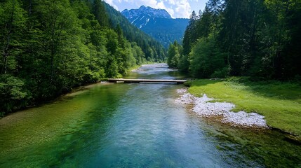Poster - Stunning view of a serene river surrounded by lush green trees and majestic mountains under a blue sky : Generative AI