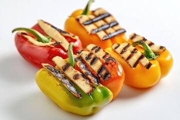 Poster - A plate of grilled vegetables and three peppers served on a white surface