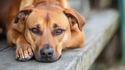 Poster - Closeup of a relaxed brown dog resting on wooden steps with a calm expression : Generative AI