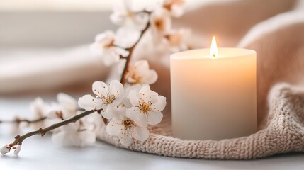 Fototapete - A lit candle placed elegantly among white flowers on a soft fabric surface creating a calming atmosphere : Generative AI