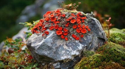 Sticker - A close-up shot of a rock covered in red moss, ideal for use in environmental or nature-inspired designs