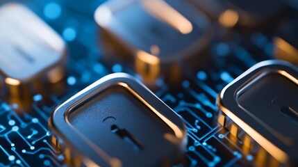 Leinwandbilder - Close up view of golden lock keys on circuit board glowing with blue light : Generative AI