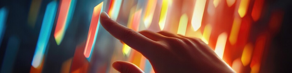 Poster - A person's hand stretching towards a vibrant rainbow-colored curtain
