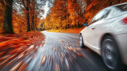 Aufkleber - A white car drives down a scenic road surrounded by tall trees