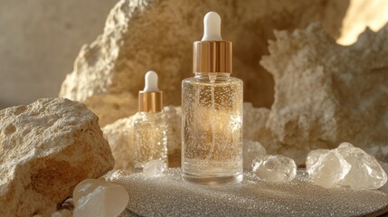 Poster - A clear glass bottle filled with liquid sits atop a wooden or metal table