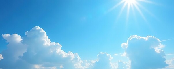 Wall Mural - white clouds are scattered across a clear blue sky with sunbeams, clear, sky