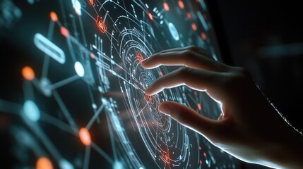 Poster - Close-up of a person's hand touching a smartphone or tablet screen with their finger, showing digital interaction