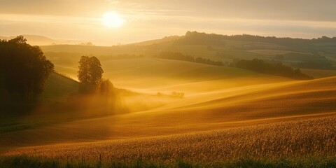 Poster - a serene landscape with rolling hills and a beautiful sunset