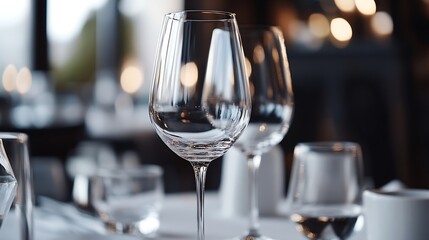 Aufkleber - Elegant CloseUp of Wine Glasses Set on a Table with Soft Ambient Lighting : Generative AI
