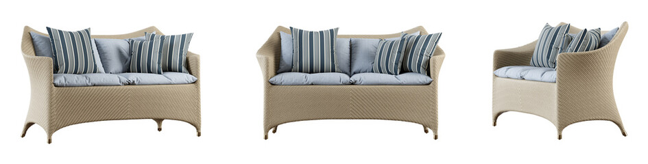 Poster - Wicker sofa set isolated on transparent background. 3D render. 3D illustration.