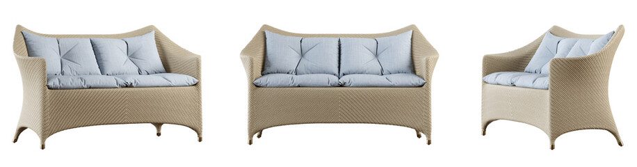 Poster - Wicker sofa set isolated on transparent background. 3D render. 3D illustration.