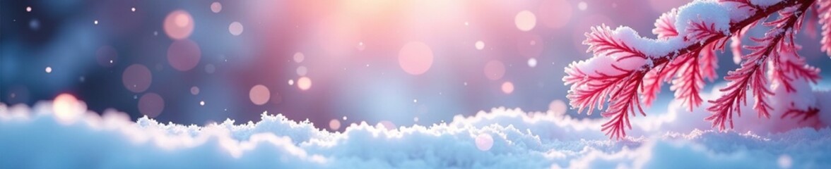 Wall Mural - icy pink snowflakes gently fall on a calm winter landscape with bokeh effect, icy, snow