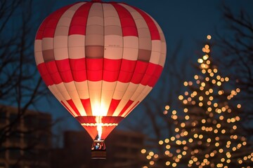 Poster - A red and white hot air balloon hovering above a decorated Christmas tree