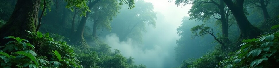 Wall Mural - rainforest canopy veiled in early morning fog, mist, verdant