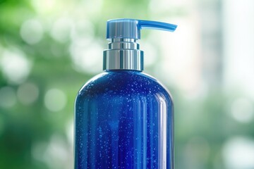 Poster - A blue bottle of liquid with a blue liquid dispenser, useful for lab or medical settings
