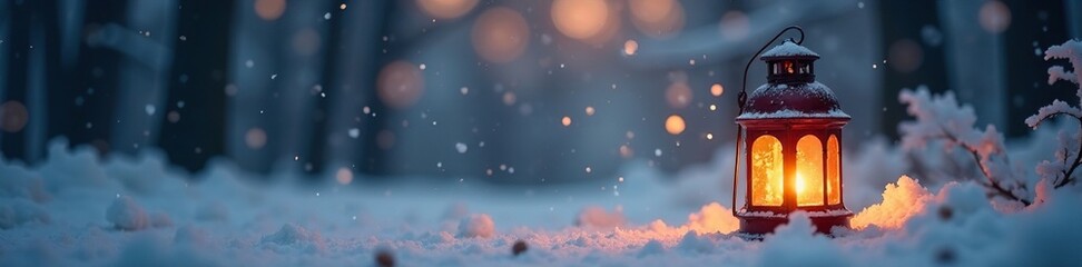 Wall Mural - softly falling snowflakes swirl around a glowing lantern, winter, soft focus