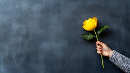 Poster - bright yellow flower being held against a dark background creating a minimalist and elegant floral a