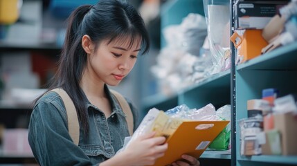 Poster - A woman sits at a table in a quiet library, engrossed in her favorite book