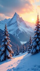 Wall Mural - Snow-capped mountains and pine trees glisten under the golden light of a serene winter sun, cold, snowy peaks