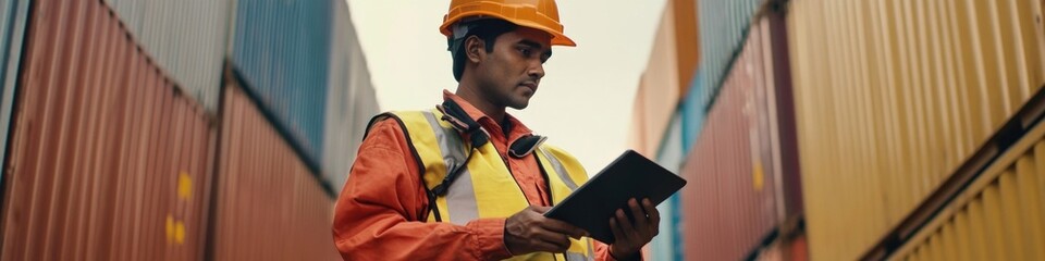 Poster - A person wearing an orange safety vest holds a tablet, ready for work or inspection