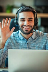 Poster - A person working on his computer with a headset on, possibly for gaming or video calls