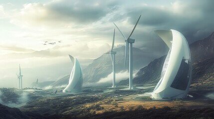 Poster - wind farm with advanced aerodynamics increasing energy efficiency.