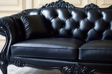 Wall Mural - A black leather couch sits atop a hardwood floor, perfect for modern living spaces or design inspiration